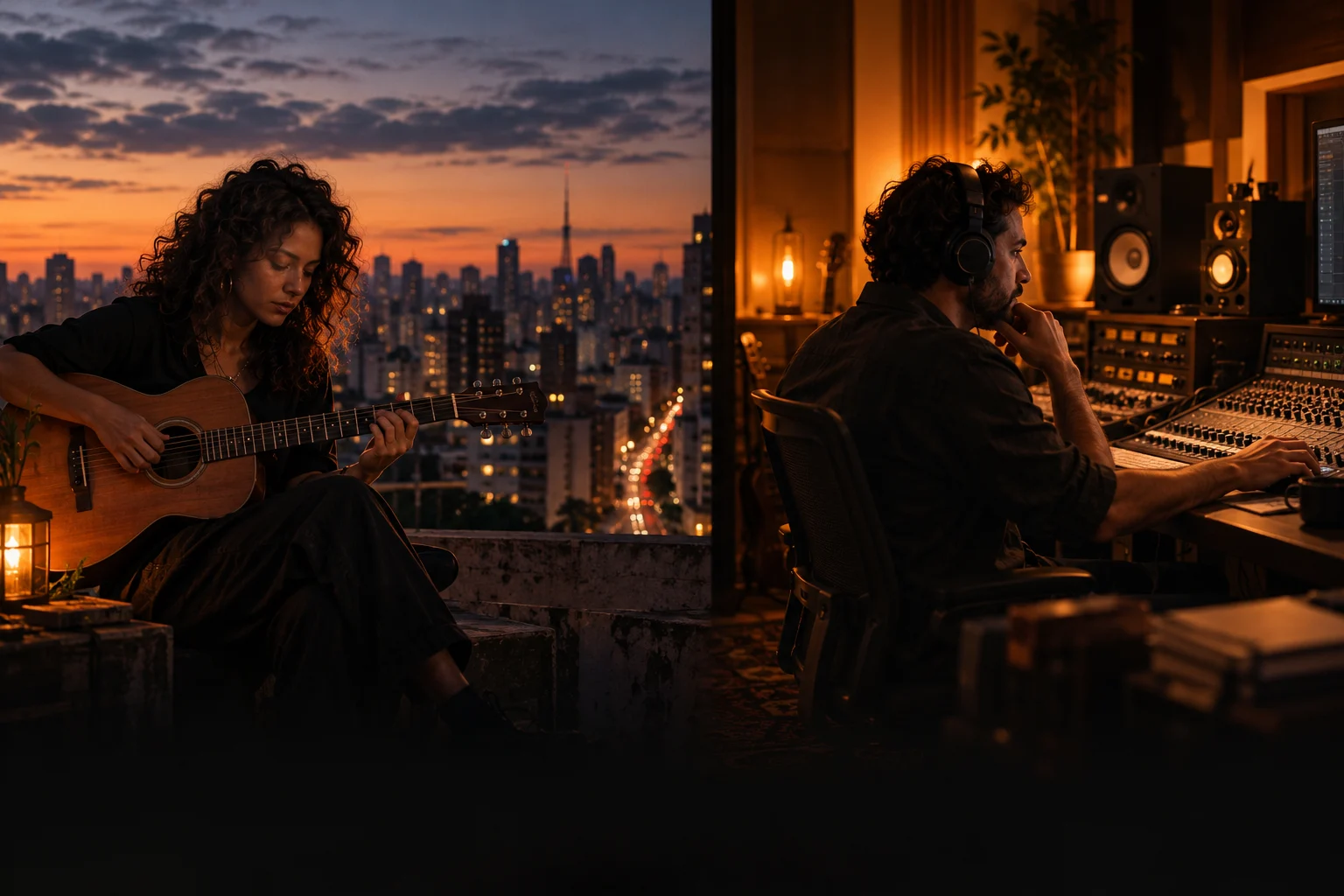Uma musicista criando com seu violão na cidade e um produtor trabalhando em uma mesa de som no estúdio, em locais diferentes.